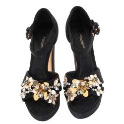 Pre Owned Dolce & Gabbana Black Floral Fabric Embellished Platform Ankle Strap Sandals Size 36