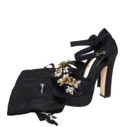 Pre Owned Dolce & Gabbana Black Floral Fabric Embellished Platform Ankle Strap Sandals Size 36