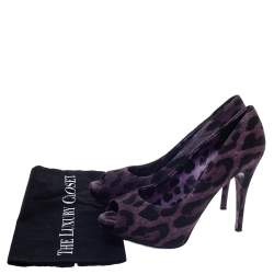 Pre Owned Dolce & Gabbana Purple/Black Leopard Print Canvas Peep Toe Pumps Size 40