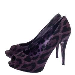 Pre Owned Dolce & Gabbana Purple/Black Leopard Print Canvas Peep Toe Pumps Size 40