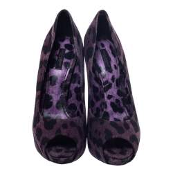 Pre Owned Dolce & Gabbana Purple/Black Leopard Print Canvas Peep Toe Pumps Size 40