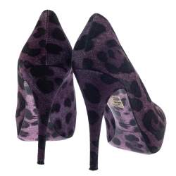 Pre Owned Dolce & Gabbana Purple/Black Leopard Print Canvas Peep Toe Pumps Size 40