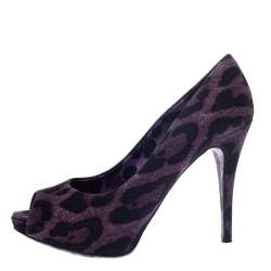 Pre Owned Dolce & Gabbana Purple/Black Leopard Print Canvas Peep Toe Pumps Size 40