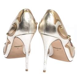 مملوكة مسبقًا حذاء كعب عالي دولتشي أند غابانا مزخرف زهرة معدن و مرصع بمقدمة مدببة جلد فضي و ذهبي ميتاليك مقاس 39