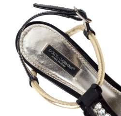 Pre Owned Dolce & Gabbana Black Patent Leather And Fabric Crystal Embellished Slingback Sandals Size 38