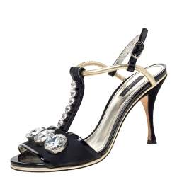 Pre Owned Dolce & Gabbana Black Patent Leather And Fabric Crystal Embellished Slingback Sandals Size 38