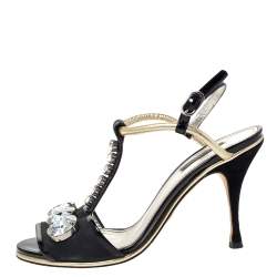 Pre Owned Dolce & Gabbana Black Patent Leather And Fabric Crystal Embellished Slingback Sandals Size 38