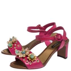 Pre Owned Dolce & Gabbana Lizard Embossed Leather Crystal Embellished Ankle Strap Sandals Size 37