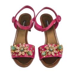 Pre Owned Dolce & Gabbana Lizard Embossed Leather Crystal Embellished Ankle Strap Sandals Size 37