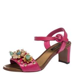 Pre Owned Dolce & Gabbana Lizard Embossed Leather Crystal Embellished Ankle Strap Sandals Size 37