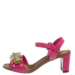 Pre Owned Dolce & Gabbana Lizard Embossed Leather Crystal Embellished Ankle Strap Sandals Size 37