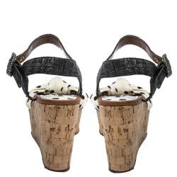 Pre Owned صندل دولتشي أند غابانا كعب روكي فليني رافيا و قماش مطبوع نقشة بولكا دوت رصاصي و أبيض مقاس 37