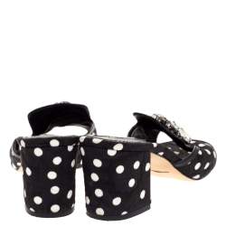 Pre Owned صندل دولتشي أند غابانا مزخرف كريستال قماش بروكاد مطبوع بولكا دوت أبيض و أسود مقاس 39
