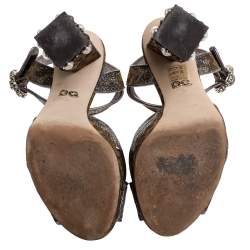 Pre Owned صندل دولتشي أند غابانا فضي / ذهبي نقشة الفهد قماش غليتر بحزام للكاحل كعب سميك مقاس 37