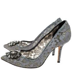 Pre Owned Dolce & Gabbana Grey Mesh and Lace Crystal Embellished Bellucci Pumps Size 39.5