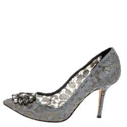 Pre Owned Dolce & Gabbana Grey Mesh and Lace Crystal Embellished Bellucci Pumps Size 39.5