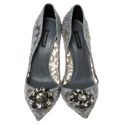 Pre Owned Dolce & Gabbana Grey Mesh and Lace Crystal Embellished Bellucci Pumps Size 39.5