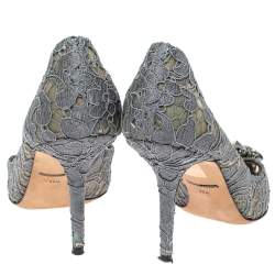 Pre Owned Dolce & Gabbana Grey Mesh and Lace Crystal Embellished Bellucci Pumps Size 39.5