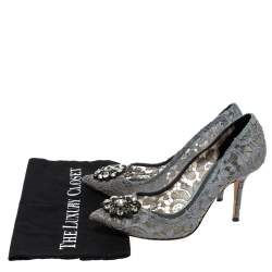 Pre Owned Dolce & Gabbana Grey Mesh and Lace Crystal Embellished Bellucci Pumps Size 39.5