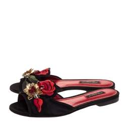 Dolce & Gabbana Black Embellished Satin Flat Slides Size 35