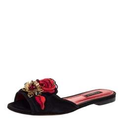 Dolce & Gabbana Black Embellished Satin Flat Slides Size 35