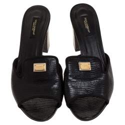 Pre Owned صندل سلايد دولتشي أند غابانا كعب سميك جلد سحلية بارز أسود مقاس 38