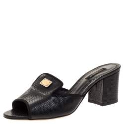 Pre Owned صندل سلايد دولتشي أند غابانا كعب سميك جلد سحلية بارز أسود مقاس 38