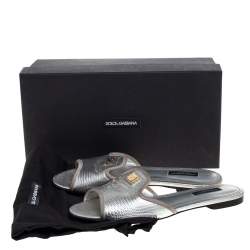 Pre Owned Dolce & Gabbana Silver Lizard Embossed Leather Flat Slides Size 37