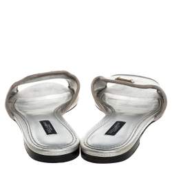 Pre Owned Dolce & Gabbana Silver Lizard Embossed Leather Flat Slides Size 37