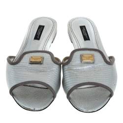 Pre Owned Dolce & Gabbana Silver Lizard Embossed Leather Flat Slides Size 37