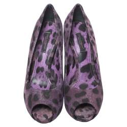 Dolce & Gabbana Purple/Black Leopard Print Denim Peep Toe Platform Pumps Size 36.5