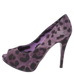 Dolce & Gabbana Purple/Black Leopard Print Denim Peep Toe Platform Pumps Size 36.5