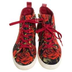 Pre Owned Dolce & Gabbana Red/Black Rose Print Canvas High Top Sneakers Size 36.5