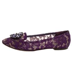 Pre Owned Dolce & Gabbana Purple Lace Jeweled Embellishment Ballet Flats Size 39