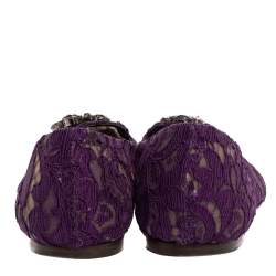 Pre Owned Dolce & Gabbana Purple Lace Jeweled Embellishment Ballet Flats Size 39