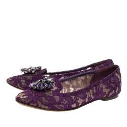 Pre Owned Dolce & Gabbana Purple Lace Jeweled Embellishment Ballet Flats Size 39