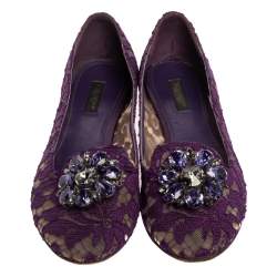 Pre Owned Dolce & Gabbana Purple Lace Jeweled Embellishment Ballet Flats Size 39