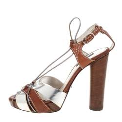 Dolce & Gabbana Silver/Brown Leather Platform Ankle Strap Sandals Size 38