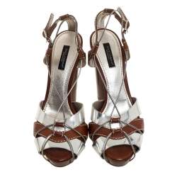 Dolce & Gabbana Silver/Brown Leather Platform Ankle Strap Sandals Size 38