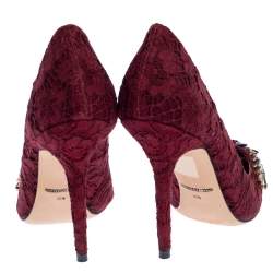 Pre Owned Dolce & Gabbana Burgundy Lace Jewel Embellished Pumps Size 37.5