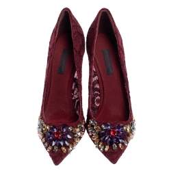 Pre Owned Dolce & Gabbana Burgundy Lace Jewel Embellished Pumps Size 37.5