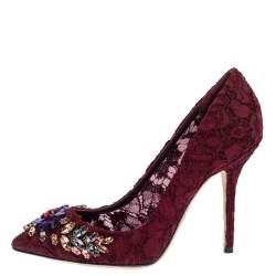 Pre Owned Dolce & Gabbana Burgundy Lace Jewel Embellished Pumps Size 37.5