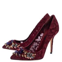 Pre Owned Dolce & Gabbana Burgundy Lace Jewel Embellished Pumps Size 37.5