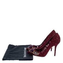 Pre Owned Dolce & Gabbana Burgundy Lace Jewel Embellished Pumps Size 37.5