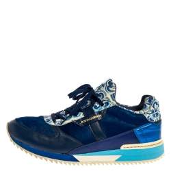 Dolce & Gabbana Blue/White Majolica Print Leather And Pony Hair Platform Sneakers Size 38.5