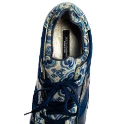 Dolce & Gabbana Blue/White Majolica Print Leather And Pony Hair Platform Sneakers Size 38.5