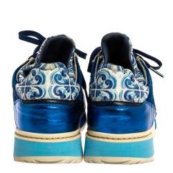 Dolce & Gabbana Blue/White Majolica Print Leather And Pony Hair Platform Sneakers Size 38.5