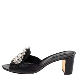 Pre Owned Dolce & Gabbana Black Lizard Embossed Leather Crystal Embellished Slide Sandals Size 40
