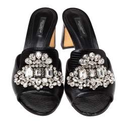Pre Owned Dolce & Gabbana Black Lizard Embossed Leather Crystal Embellished Slide Sandals Size 40