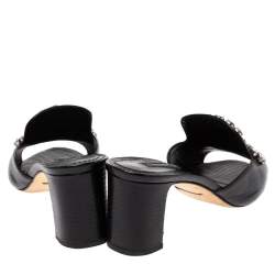 Pre Owned Dolce & Gabbana Black Lizard Embossed Leather Crystal Embellished Slide Sandals Size 40